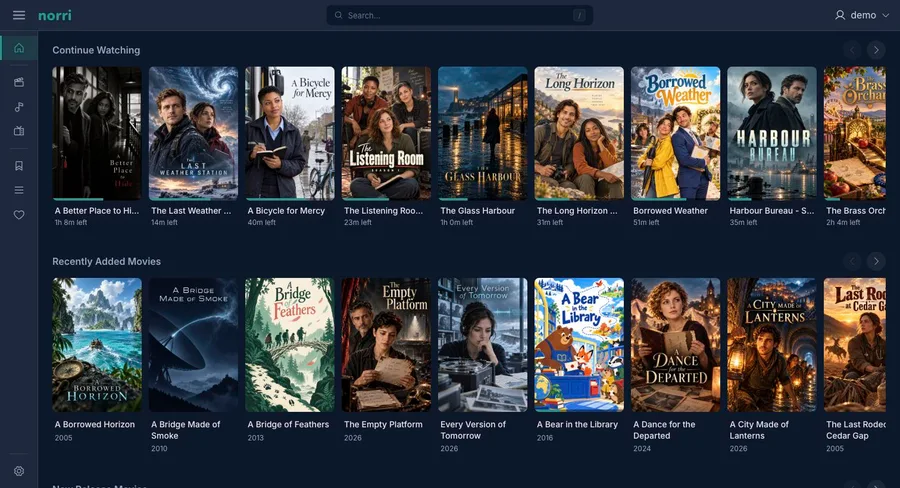 Web app: Home and Continue Watching — sidebar collapsed