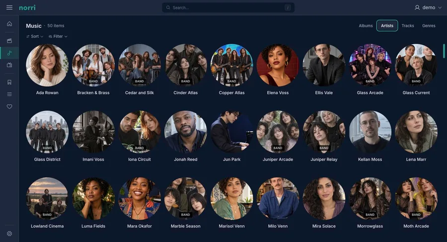 Web app: Music artists — sidebar collapsed