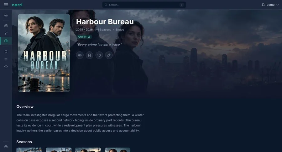 Web app: TV show details — sidebar collapsed