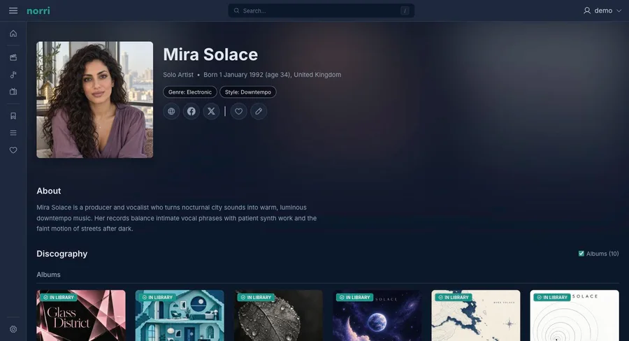 Web app: Artist details — sidebar collapsed