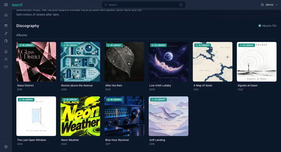 Web app: Artist discography — sidebar collapsed