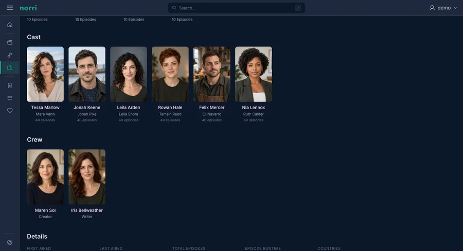 Web app: TV cast and crew — sidebar collapsed